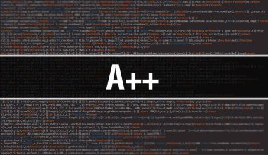 Dijital Java kod metni ile A + +. A + + ve Bilgisayar yazılım kodlama vektörü konsepti. Senaryo Java programlanıyor, ekranda A + + olan dijital program kodu