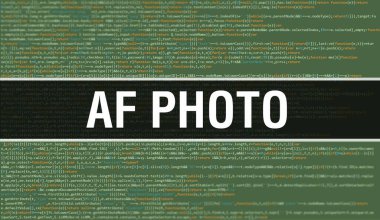 Dijital Java kodlu AF Fotoğrafı. AF Fotoğraf ve Bilgisayar yazılım kodlama vektörü konsepti. Senaryo Java programlanıyor, ekranda AF Fotoğrafı olan dijital program kodu