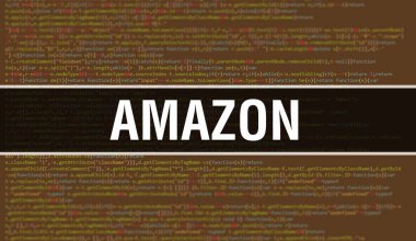 Amazon konsepti ve Programın Gelişigüzel Parçaları. Yazılım geliştiricisi ve bilgisayar senaryosunun programlama kodları soyut teknoloji arka planına sahip Amazon. Amazon Arkaplanı