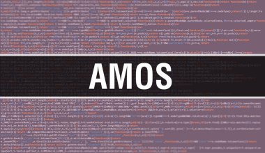 Dijital Java kod metni olan AMOS. AMOS ve Bilgisayar yazılım kodlama vektör kavramı. Senaryo Java programlanıyor, ekranda AMOS olan dijital program kodu