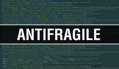 Yazılım geliştiricisinin ve Bilgisayar yazılımının programlama kodu soyut teknoloji arka planı üzerine yazılmış antifragile metin. Antifragile konsepti bilgisayar monitöründe. Antifragile programcığıComment