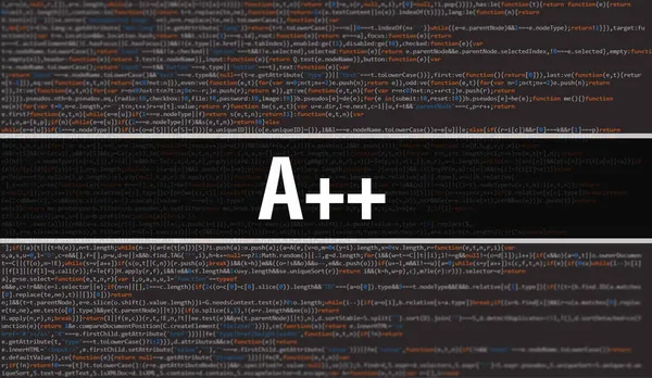 Dijital Java kod metni ile A + +. A + + ve Bilgisayar yazılım kodlama vektörü konsepti. Senaryo Java programlanıyor, ekranda A + + olan dijital program kodu