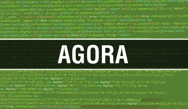 Agora 텍스트는 소프트웨어 개발자와 컴퓨터 스크립트의 추상적 프로그래밍 코드에 작성되었다 — 스톡 사진