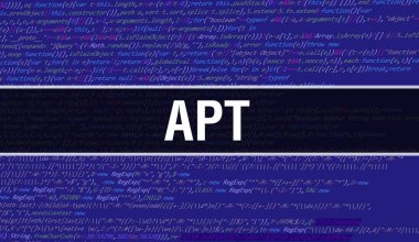 Soyut Teknoloji İkili Kod Arkaplanı olan APT. Dijital ikili veri ve Güvenli Veri Kavramı. Yazılım, Web Geliştirici Programlama Kodu ve APT. APT Javascript Bilgisayar Betiği
