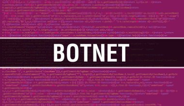 Dijital Java kodlu Botnet. Botnet ve Bilgisayar yazılım kodlama vektörü konsepti. Senaryo Java programlanıyor, ekranda Botnet gösterimi olan dijital program kodu