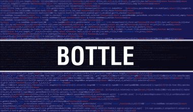 İkili kod dijital teknoloji geçmişi olan bir şişe. Program kodu ve şişe ile soyut bir arkaplan. Programlama ve kodlama teknolojisi geçmişi. Program listesiyle birlikte şişe