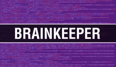 İkili kodlu dijital teknoloji geçmişi olan Beyin Bekçisi. Program kodu ve BrainKeeper ile soyut bir arkaplan. Programlama ve kodlama teknolojisi geçmişi. Program listeli Beyin Bekçisi