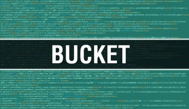 İkili kod dijital teknoloji geçmişi olan bir kova. Program kodu ve kova içeren soyut bir arkaplan. Programlama ve kodlama teknolojisi geçmişi. Program listeli kova