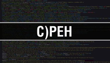 C) Bilgisayar betiği ve yazılım geliştiricisinin programlama kodu soyut teknoloji arkaplanı üzerine yazılmış PEH metni. C) Bilgisayar monitöründe PEH kod kavramı. Kodlama C) PEH programlama web oturumu