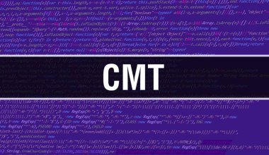 Yazılım geliştiricisi ve Bilgisayar betiğinin programlama kodu soyut teknoloji arkaplanı üzerine yazılmış CMT metni. Bilgisayar monitöründe CMT kod kavramı. CMT programlama web oturumu kodlanıyor