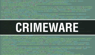 Programın Rasgele Parçaları Programlı Suç Programı konsepti. Yazılım geliştiricisi ve Bilgisayar betiğinin programlama kodları soyut teknoloji arka planına sahip suç yazılımı. Suç Yazılımı Arkaplan gözlemi