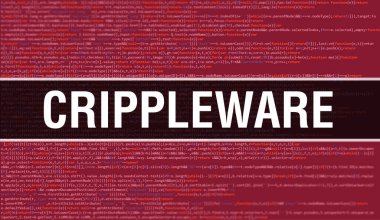 Dijital Java kod metni içeren krippleware. Crippleware ve Bilgisayar yazılım kodlama vektörü konsepti. Senaryo Java programlanıyor, ekranda Crippleware olan dijital program kodu
