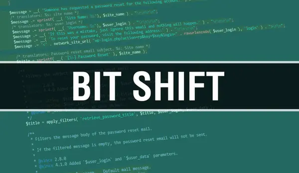 プログラムやアプリを開発するためのコードを使用してビットシフトの概念図 暗い背景にブラウザビューでカラフルなタグを持つビットシフトウェブサイトコード バイナリコンピュータコードのビットシフト — ストック写真