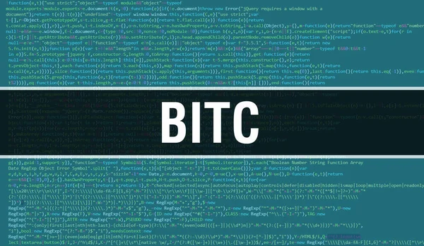 ソフトウェア開発者とコンピュータスクリプトのプログラミングコード抽象技術の背景に書かれたBitcテキスト コンピュータモニタ上のコードのビットC概念 コーディング Bitcプログラミングウェブサイト — ストック写真