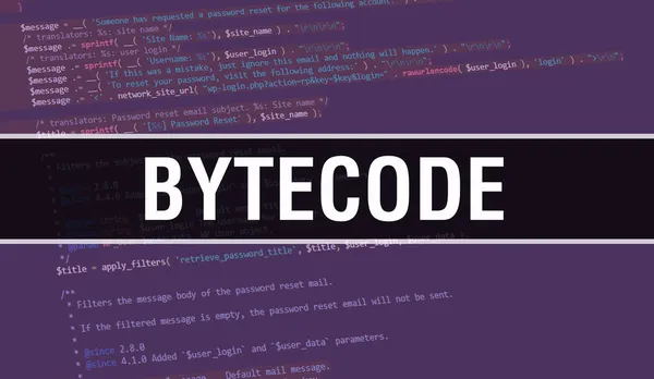 プログラムやアプリを開発するためのコードを使用したBytecodeのコンセプトイラスト 暗い背景にブラウザビューでカラフルなタグとバイトコードのウェブサイトコード バイナリコンピュータコード上のバイトコード — ストック写真