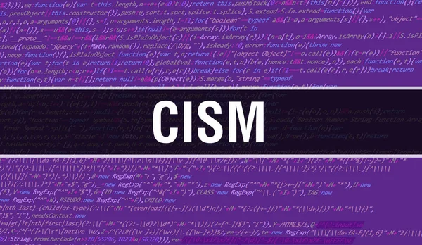 ソフトウェア開発者とコンピュータスクリプトのプログラミングコード抽象技術の背景に書かれたCismテキスト コンピュータモニタ上のコードのCism概念 コーディング CismプログラミングWebサイト — ストック写真