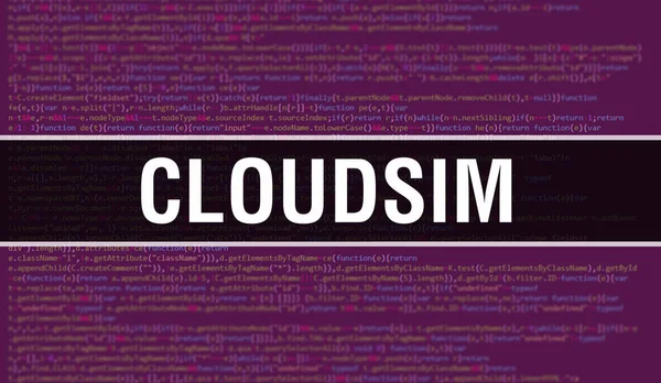 Cloudsim 컨셉트는 Random Parts Program Code Cloudsim 소프트웨어 개발자와 컴퓨터 — 스톡 사진