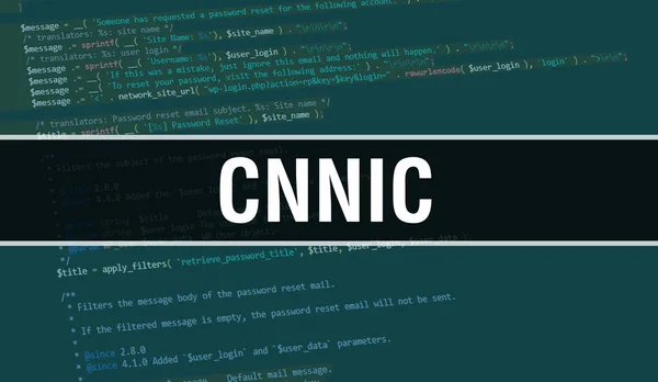 プログラムコードのランダム部品とCnnicの概念ソフトウェア開発者とコンピュータスクリプトのプログラミングコード抽象技術の背景に書かれたCnnicテキスト Cnnicとコードバックグラウンド — ストック写真