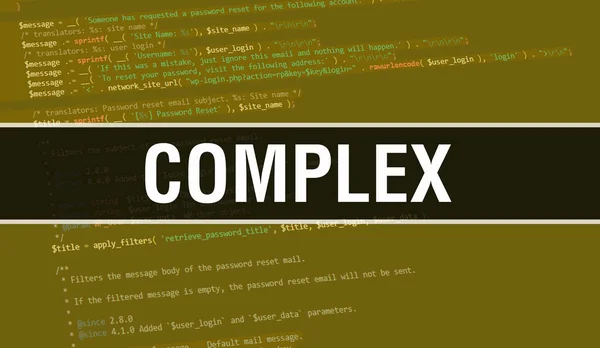 プログラムコードの乱数部分を持つ複雑な概念ソフトウェア開発者とコンピュータスクリプトのプログラミングコード抽象技術の背景に書かれた複雑なテキスト コードの複雑な背景 — ストック写真