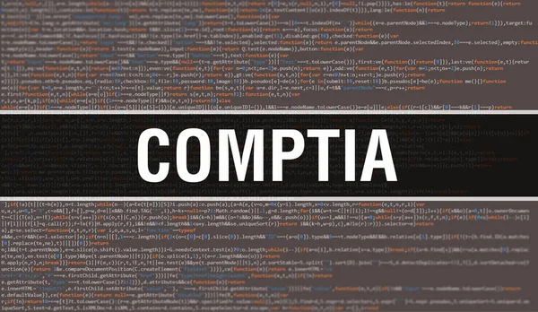 带有数字爪哇代码文本的Comptia Comptia和计算机软件编码器矢量概念 编程编码脚本Java 数字程序代码与Comptia在屏幕插画上的应用 — 图库照片