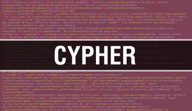 Program Kodunun Rasgele Parçaları ile Cypher konsepti. Bilgisayar betiği ve yazılım geliştiricisinin programlama kodları soyut teknoloji arka planına sahip Cypher. Şifreleme Arkaplanı