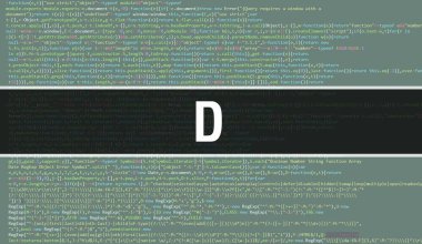 Program ve uygulama geliştirmek için kod kullanarak D konsepti çizimi. Koyu arkaplanda tarayıcı görünümünde renkli etiketleri olan D web sitesi kodu. İkili bilgisayar kodunun D 'si, gruplandırıcı