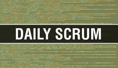 Dijital Java kodlu Daily Scrum. Daily Scrum ve Bilgisayar yazılım kodlama vektörü konsepti. Senaryo Java programlanıyor, ekranda Daily Scrum ile dijital program kodu