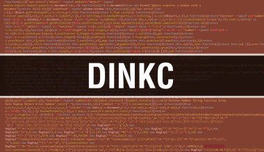 Uygulama ve programları geliştirmek için kod kullanarak DinkC konsept illüstrasyonu. DinkC web sitesi kodu, koyu arkaplanda tarayıcı görünümünde renkli etiketler. DinkC ikili bilgisayar kodu, backgroun
