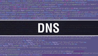Yazılım geliştiricisi ve Bilgisayar betiğinin programlama kodu soyut teknoloji arkaplanı üzerine yazılmış DNS metni. Bilgisayar ekranında DNS kod kavramı. Kodlama DNS programlama web oturumu