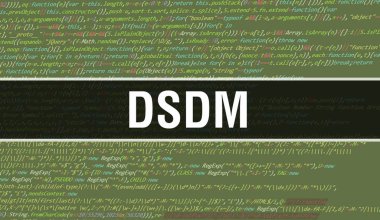 Yazılım geliştiricisi ve Bilgisayar betiğinin programlama kodu soyut teknoloji arkaplanı üzerine yazılmış DSDM metni. Bilgisayar monitöründe DSDM kod kavramı. DSDM programlama web oturumu kodlaması