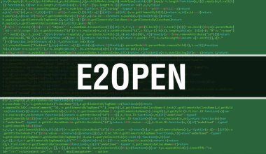 E2, Soyut Teknoloji İkili Kod Arkaplanı ile açılır. Dijital ikili veri ve Güvenli Veri Konsepti. Yazılım, Web Geliştirici Programlama Kodu ve E2 açık. E2open Javascript Bilgisayar Betiği