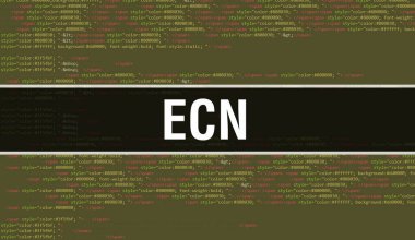 İkili kodlu dijital teknoloji geçmişi olan bir ECN. Program kodu ve ECN ile soyut arkaplan. Programlama ve kodlama teknolojisi geçmişi. Program listeli ECN