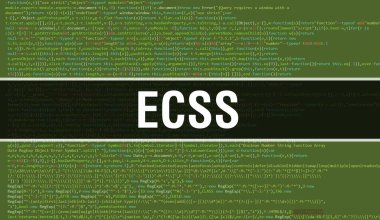 ECSS konsept illüstrasyonu program ve uygulama geliştirmek için kod kullanıyor. Koyu arkaplanda tarayıcı görünümünde renkli etiketleri olan ECSS web sitesi kodu. ECSS ikili bilgisayar kodu, backgroun