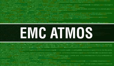 Dijital Java kodlu EMC ATMOS. EMC ATMOS ve Bilgisayar yazılım kodlama vektör kavramı. Senaryo Java programlanıyor, ekranda EMC ATMOS olan dijital program kodu