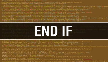 Eğer konsept illüstrasyonunu uygulama ve programlar geliştirmek için kodla sonlandır. Koyu arkaplanda tarayıcı görünümünde renkli etiketlerle Eğer web sitesi kodunu sonlandır. Bitir Eğer ikili bilgisayar kodunda ise, geri gruplandır