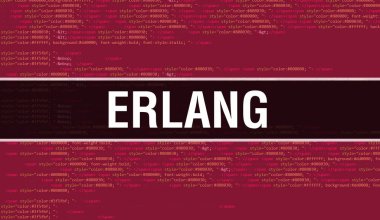 İkili kod dijital teknoloji geçmişi olan Erlang. Program kodu ve Erlang ile soyut arkaplan. Programlama ve kodlama teknolojisi geçmişi. Program listesiyle Erlang