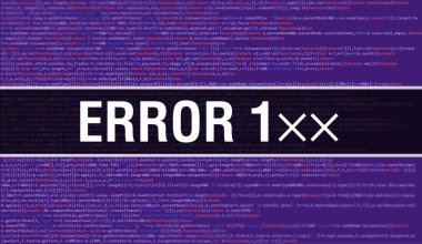 Program Kodunun Rastgele Parçaları ile Hata 1 konsepti. Yazılım geliştiricisi ve Bilgisayar betiğinin programlama kodu soyut teknoloji arkaplanı üzerine yazılan hata 1 metni. Kodlu Hata 1 