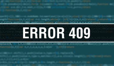 İkili kod dijital teknoloji arka planına sahip 409 numaralı hata. Program kodlu soyut arkaplan ve Hata 409. Programlama ve kodlama teknolojisi geçmişi. Uygulama listesinde Hata 409