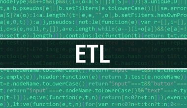 Yazılım geliştiricisi ve Bilgisayar betiğinin programlama kodu soyut teknoloji arkaplanı üzerine yazılmış ETL metni. Bilgisayar ekranında ETL kod kavramı. ETL programlama web oturumu kodlanıyor