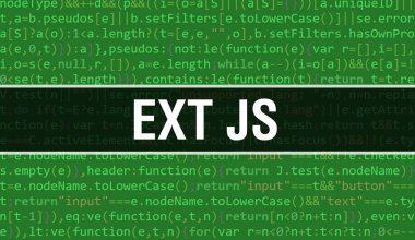 Yazılım geliştiricisi ve Bilgisayar betiğinin programlama kodu soyut teknoloji arkaplanı üzerine yazılmış Ext JS metni. Bilgisayar ekranında Ext JS kod kavramı. Ext JS programlama web oturumu kodlaması