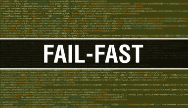 Programları ve uygulamaları geliştirmek için kod kullanılarak hızlı konsept illüstrasyonu. Koyu arkaplanda tarayıcı görünümünde renkli etiketleri olan Başarısız Hızlı web sitesi kodu. İkili bilgisayar kodunda hata-Hızlı, geri-groun