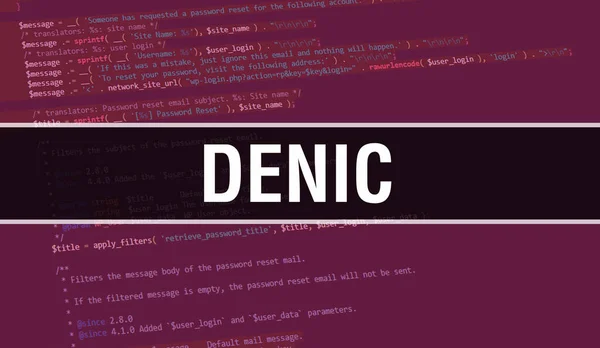 ソフトウェア開発者とコンピュータスクリプトのプログラミングコード抽象技術の背景に書かれたDenicテキスト コード付きDenic バックグラウンド — ストック写真