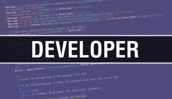 开发人员概念与程序编码的随机部分 开发人员文本编写在软件开发人员和计算机脚本的程式码抽象技术背景上 具有代码背景的开发人员 — 图库照片