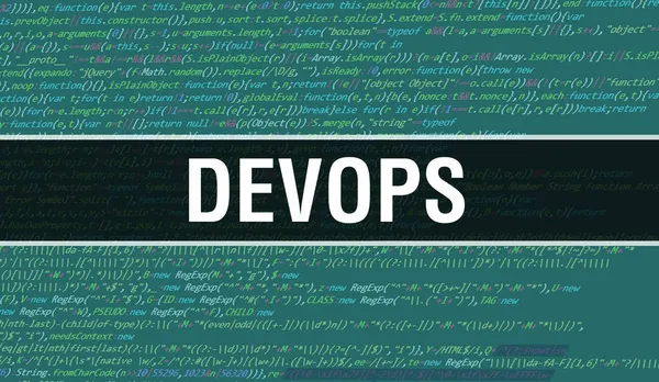 在软件开发人员和计算机脚本的编程代码抽象技术背景上编写的Devops文本 在计算机监视器上开发代码的概念 Coding Devops编程网站Sit — 图库照片
