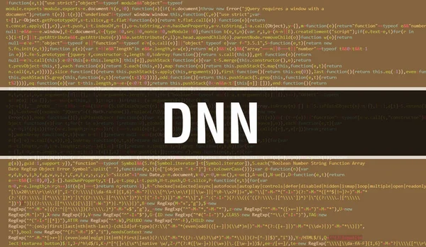 Dnnの概念図は プログラムやアプリを開発するためのコードを使用する 暗い背景にブラウザビューでカラフルなタグを持つDnnのウェブサイトコード Dnnのバイナリコンピュータコード — ストック写真