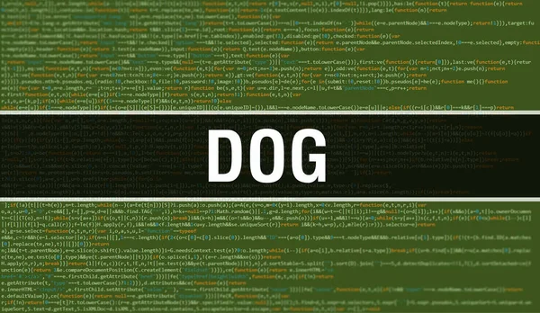 デジタルJavaコードテキストを持つ犬 犬とコンピュータソフトウェアコーディングベクトルの概念 プログラミングスクリプトJava 画面上の犬とデジタルプログラムコードのイラスト比率 — ストック写真