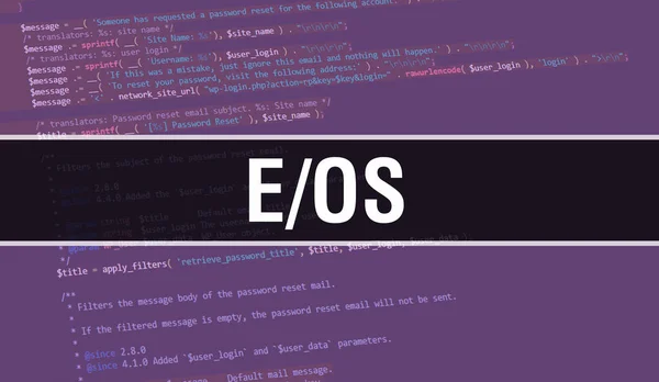 プログラムコードのランダムな部分とE Osの概念ソフトウェア開発者とコンピュータスクリプトのプログラミングコード抽象技術の背景に書かれたE Osテキスト コードを使用したE Osバックグラウンド — ストック写真
