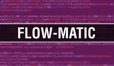 İkili kodlu dijital teknoloji geçmişi olan FLOW-MATIC. Program kodu ve FLOW-MATIC ile soyut arkaplan. Programlama ve kodlama teknolojisi geçmişi. Program listeli FLOW-MATIC