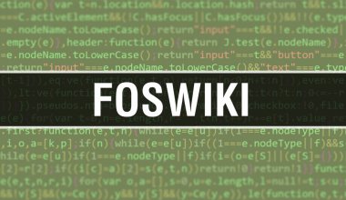 Soyut Teknoloji İkili Kod Arkaplanı ile Foswiki. Dijital ikili veri ve Güvenli Veri Konsepti. Yazılım, Web Geliştirici Programlama Kodu ve Foswiki. Foswiki Javascript Bilgisayar Betiği