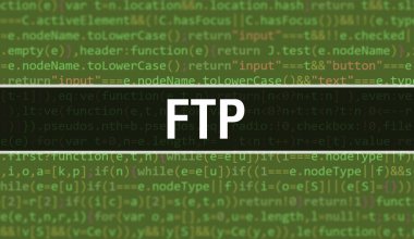 Soyut Teknoloji İkili Kod Arkaplanı ile FTP. Dijital ikili veri ve Güvenli Veri Kavramı. Yazılım, Web Geliştirici Programlama Kodu ve FTP. FTP Javascript Bilgisayar Betiği